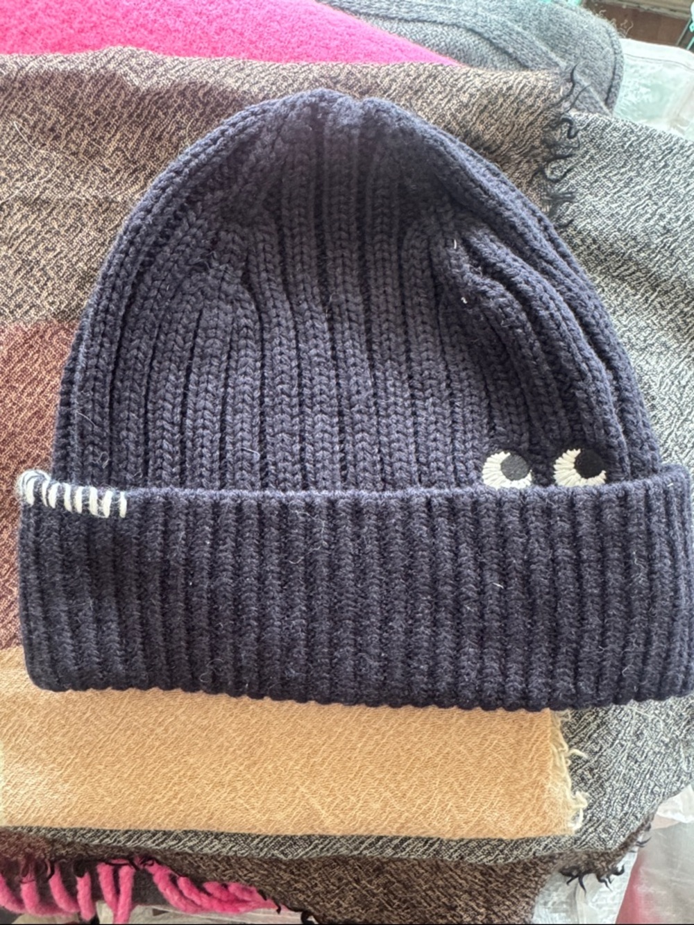 Anya Hindmarch Navy Ribbed Beanie Hat & scarf with Playful Eye